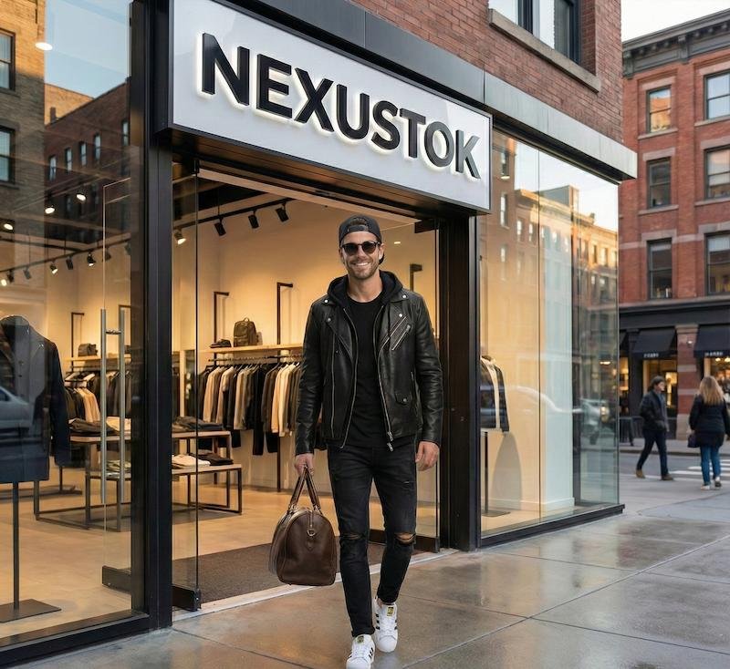 Modelo masculino sonriendo con gafas de sol, vistiendo chamarra de cuero negra y jeans rotos, saliendo de la tienda de ropa 'NEXUSTOK' cargando una bolsa de viaje de piel marrón