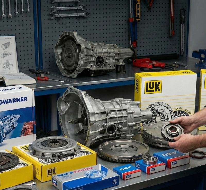 Banco de trabajo de taller mecánico mostrando componentes de transmisión, incluyendo cajas de kits de clutch marcas LuK y ZF, volantes de inercia, y carcasas de transmisión de aluminio