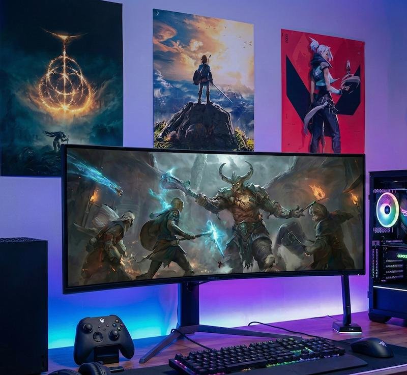 Setup gamer completo con iluminación LED RGB, monitor curvo ultrawide mostrando un juego de fantasía, consolas PS5 y Xbox Series X, y una PC gaming de alto rendimiento sobre un escritorio