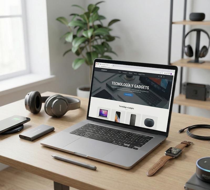 Escritorio de madera organizado con una MacBook Pro abierta mostrando una web de tecnología, audífonos de diadema Bose, un Apple Watch, cargador inalámbrico y un asistente de voz Alexa.